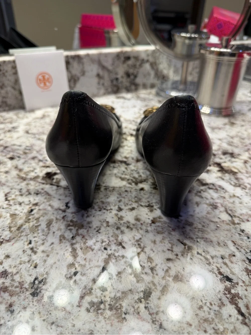 Tory Burch Black Leather Wedge Pumps with Gold Logo Medallion